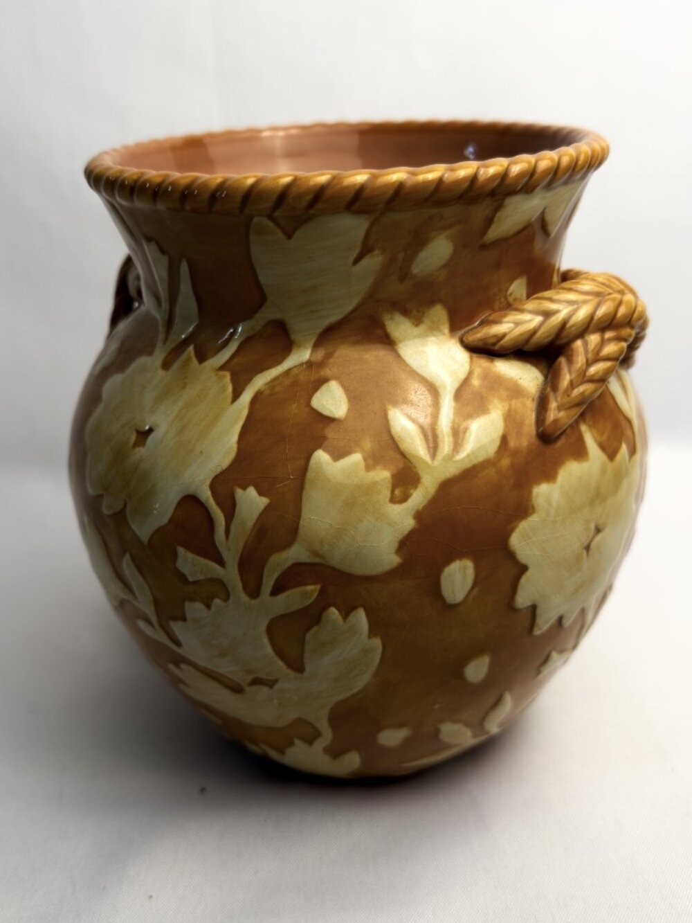 Fitz & Floyd “Gallo de Oro” Vase 8" Ceramic Rope Rim Handcrafted Floral Pot